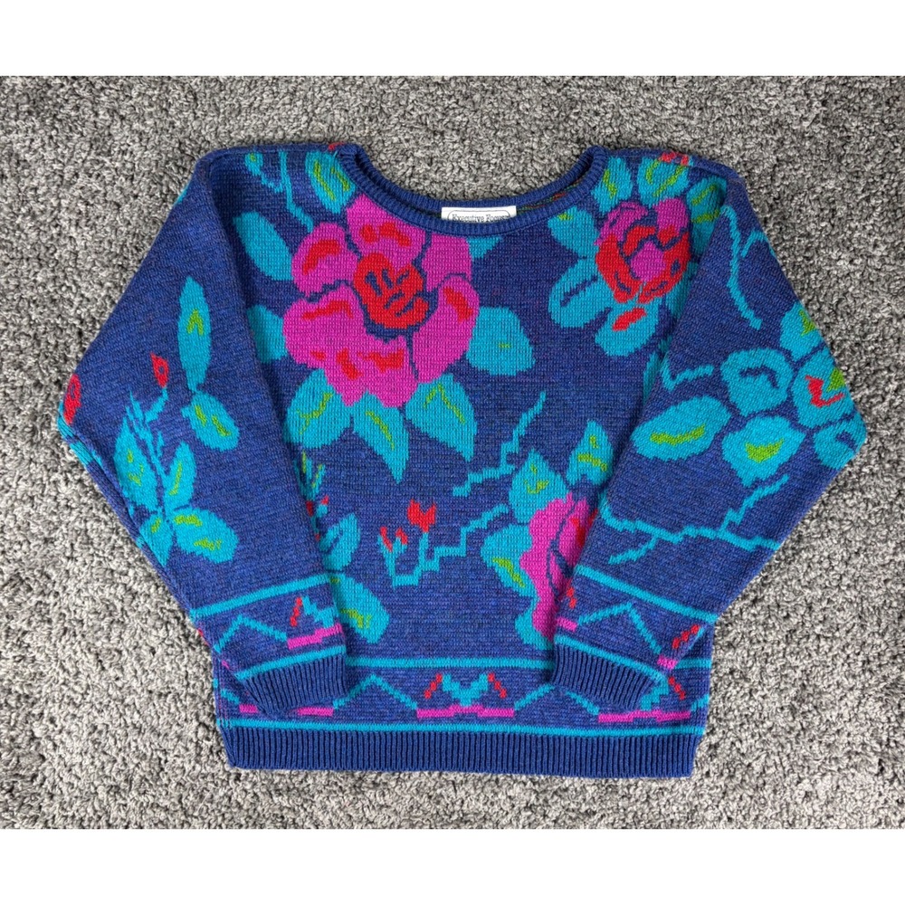 Vintage 80s Executive Focus Floral Knit Sweater Blue Pink Acrylic Large